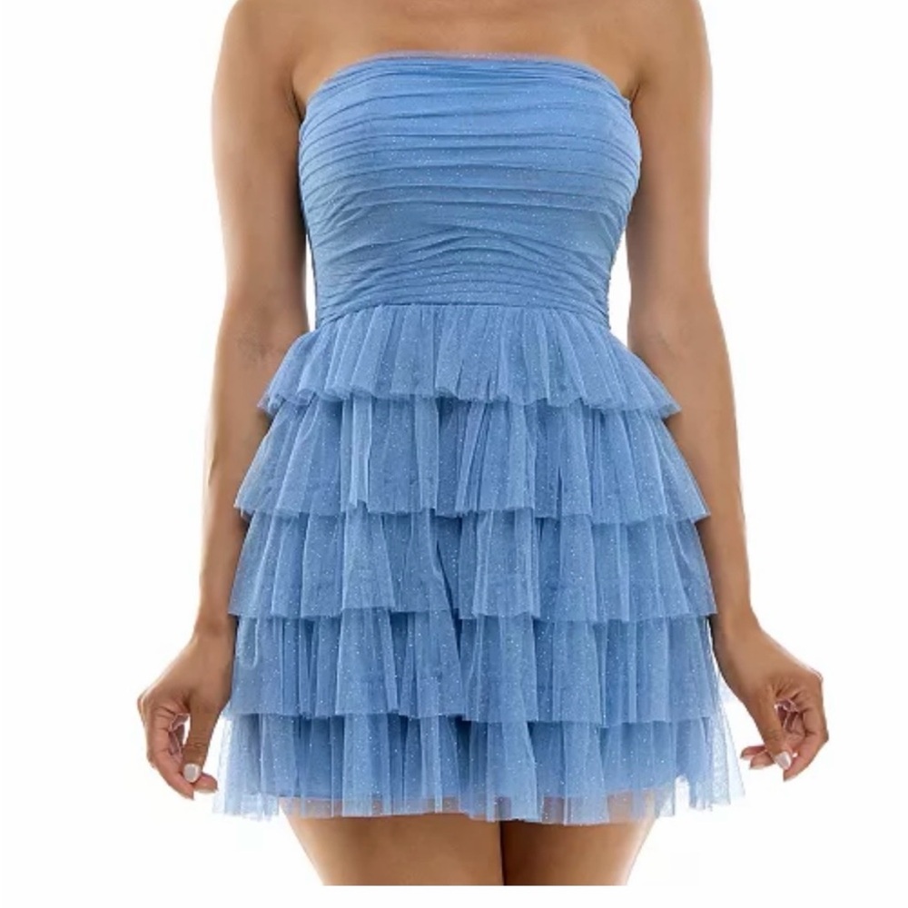 Juniors' Strapless Blue Tiered Glitter Sparkle Mini Dress
